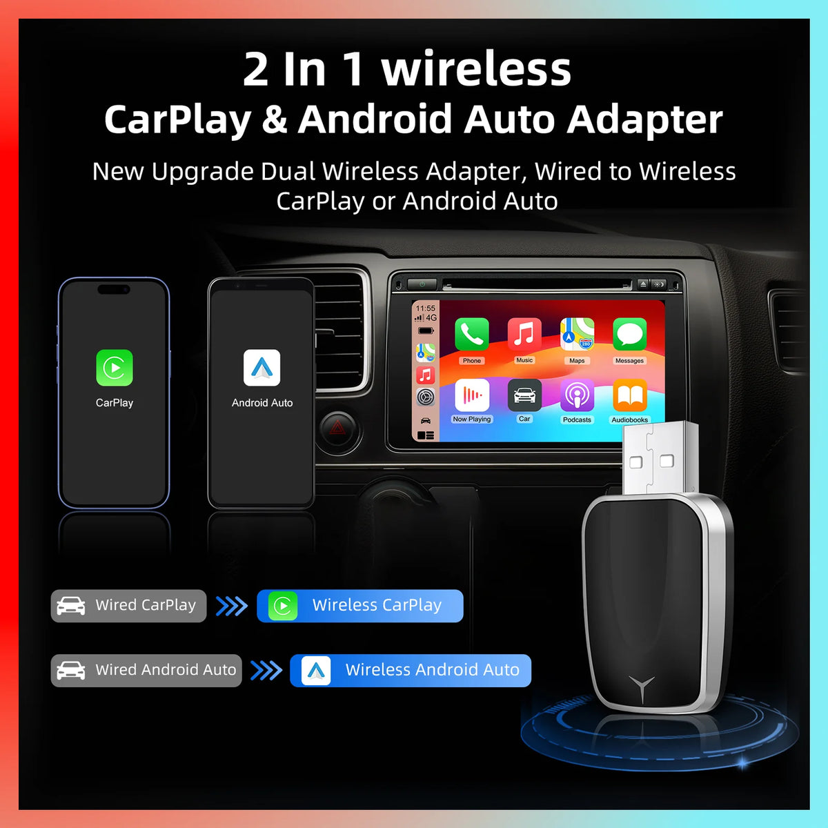 Wireless CarPlay & Android Auto Adapter – 2-in-1 USB Plug & Play