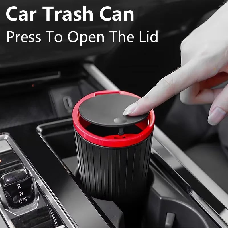Mini car trash can with lid — press to open, fits cup holder