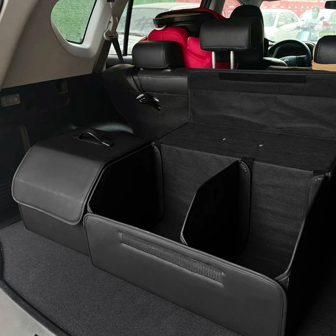 Collapsible PU leather trunk organizer open in car trunk